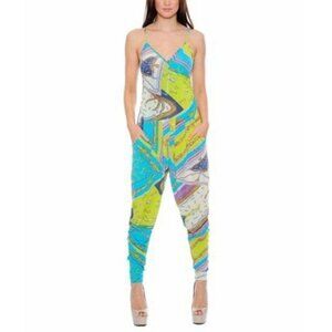 True Rock Womens Abstract Vibrant Print Jumpsuit W/ Adjustable Straps Pockets S